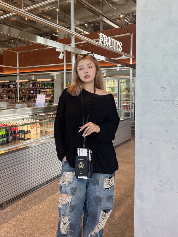 Plus Size Cropped Blue Slouchy Knit Sweater with Asymmetrical Neck - Lazy Style Slimming Fashion for 2024