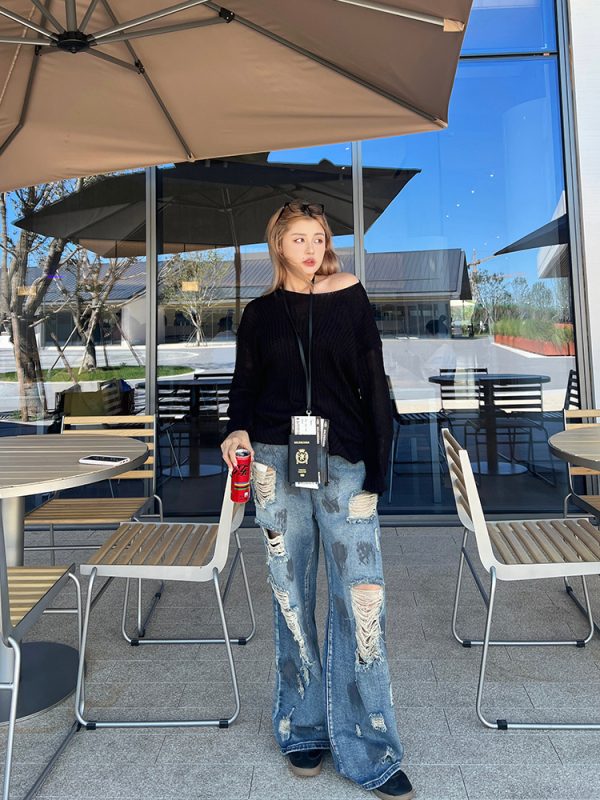 Plus Size Cropped Blue Slouchy Knit Sweater with Asymmetrical Neck - Lazy Style Slimming Fashion for 2024