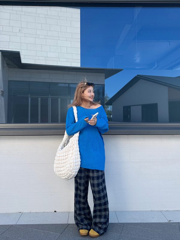 Plus Size Cropped Blue Slouchy Knit Sweater with Asymmetrical Neck - Lazy Style Slimming Fashion for 2024