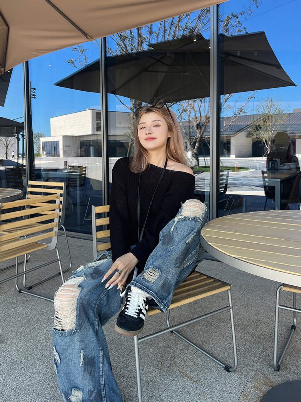 Plus Size Cropped Blue Slouchy Knit Sweater with Asymmetrical Neck - Lazy Style Slimming Fashion for 2024