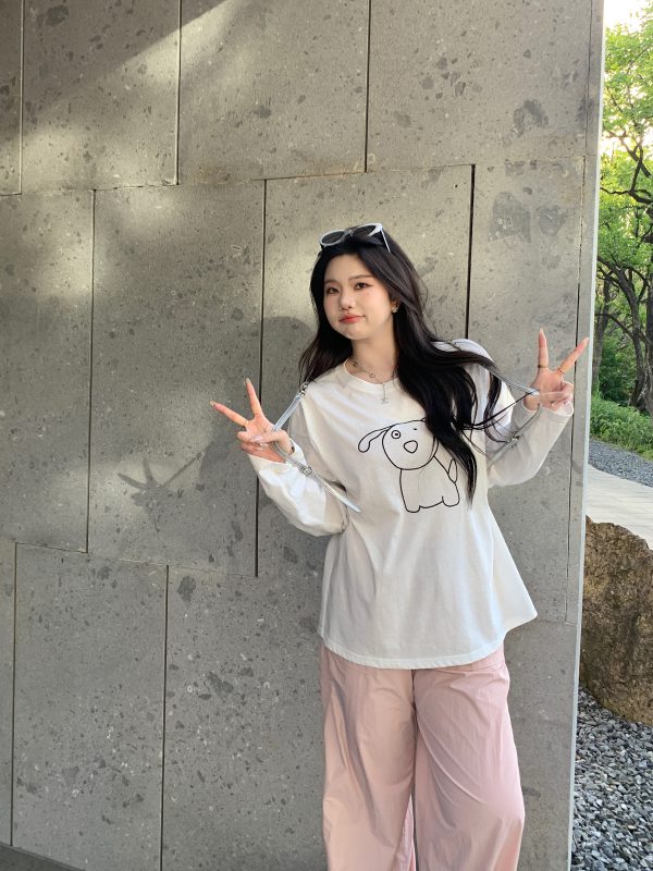 Plus Size Cute Cream Dog Print Long Sleeve T-Shirt - Round Neck Sun Protection Cover-Up - Casual 90s Style Top