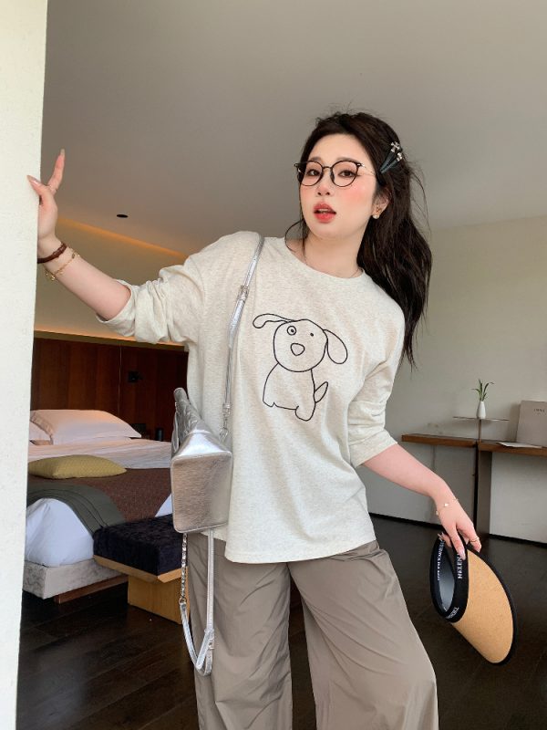 Plus Size Cute Cream Dog Print Long Sleeve T-Shirt - Round Neck Sun Protection Cover-Up - Casual 90s Style Top