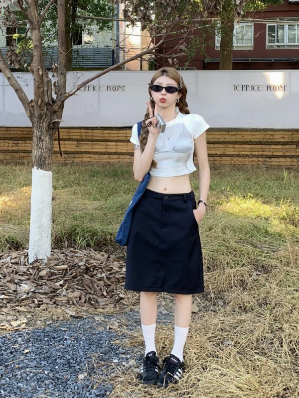 Plus Size Dark Blue Summer Skirt for Women - Slimming Knee-Length Straight Skirt - Chic Plus-Size Fashion Essential
