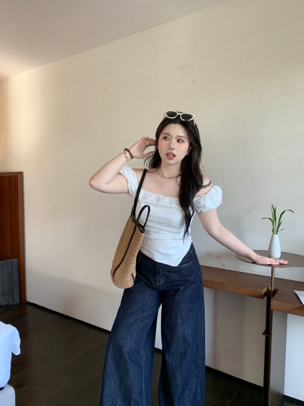 Plus Size Designer Lace One-Shoulder Top - Slimming Pleated Short T-Shirt for Summer - Trendy Chubby Style