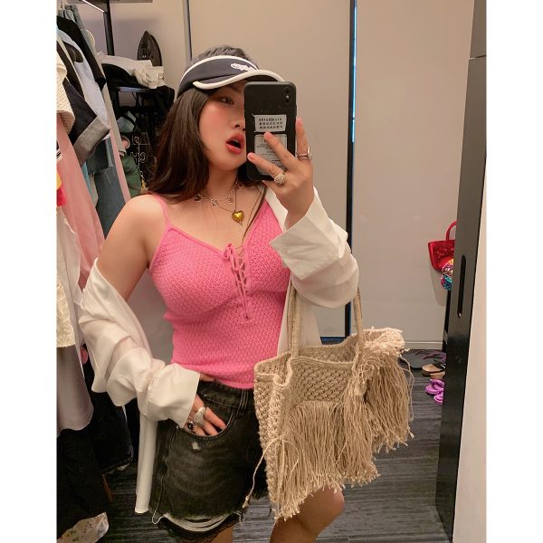 Plus Size Drawstring Strap Vest for Women - 2025 Summer Micro Fat Top in Pure Desire Style