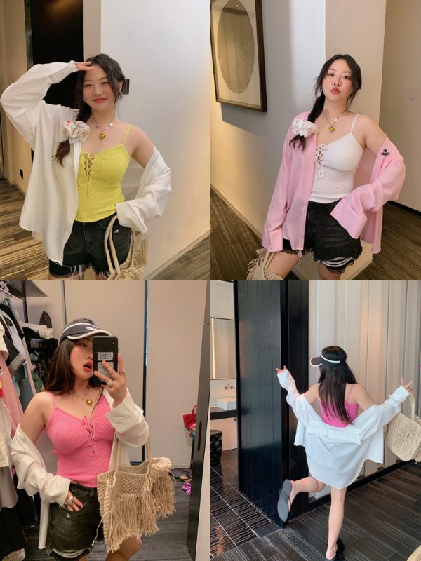 Plus Size Drawstring Strap Vest for Women - 2025 Summer Micro Fat Top in Pure Desire Style