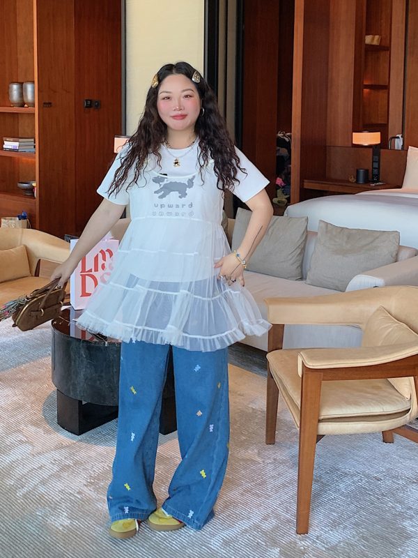 Plus Size Embroidered Bear Denim Pants for Women - Flattering Straight-Leg Blue Jeans, Spring Summer 2025, Y2K Style