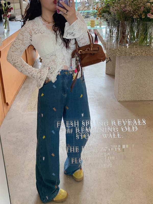 Plus Size Embroidered Bear Denim Pants for Women - Flattering Straight-Leg Blue Jeans, Spring Summer 2025, Y2K Style