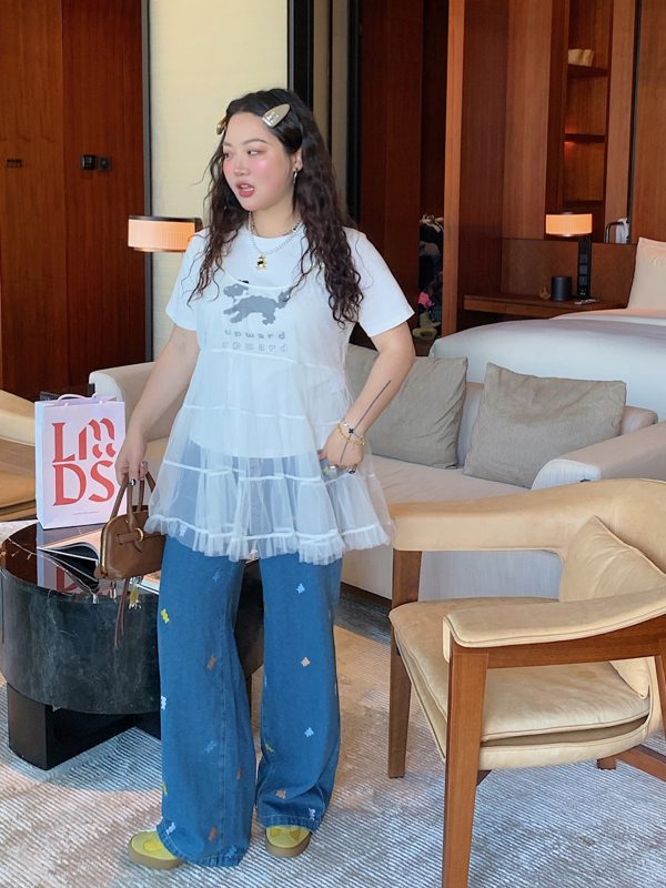 Plus Size Embroidered Bear Denim Pants for Women - Flattering Straight-Leg Blue Jeans, Spring Summer 2025, Y2K Style