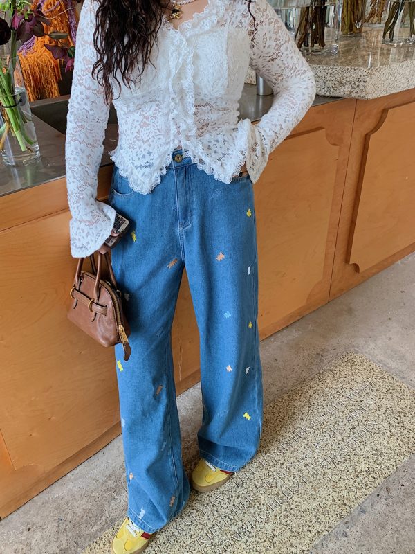 Plus Size Embroidered Bear Denim Pants for Women - Flattering Straight-Leg Blue Jeans, Spring Summer 2025, Y2K Style