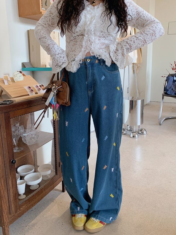 Plus Size Embroidered Bear Denim Pants for Women - Flattering Straight-Leg Blue Jeans, Spring Summer 2025, Y2K Style