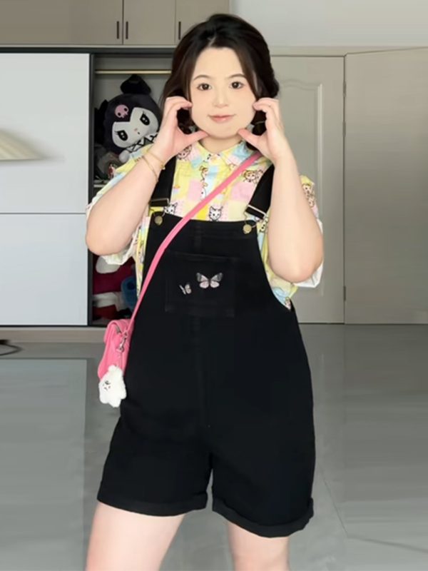 Plus-Size Embroidered Denim Overalls for Women, Stylish Summer Shorts for Curvy Figures, Slimming Fit for Petite Styles