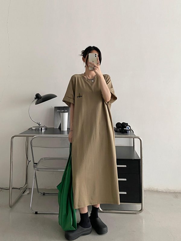 Plus-Size Embroidered Knee-Length Summer Skirt Dress in Loose Korean Style - Casual Grapefruit Design for Women