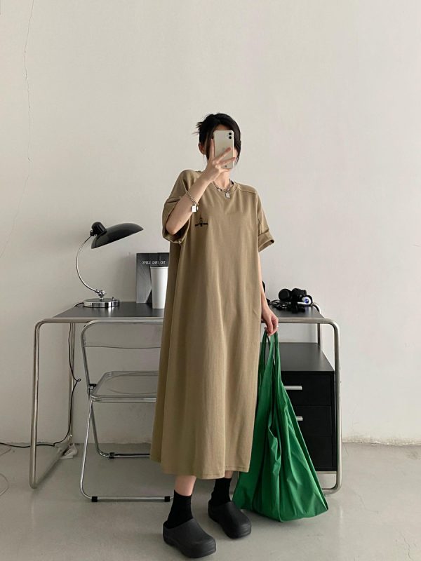 Plus-Size Embroidered Knee-Length Summer Skirt Dress in Loose Korean Style - Casual Grapefruit Design for Women
