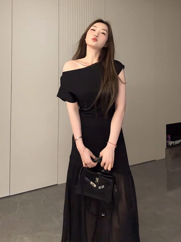 Plus-Size Flattering Off-Shoulder Summer Dress, Long Patchwork Little Black Dress for Women, Trendy and Fashionable Design