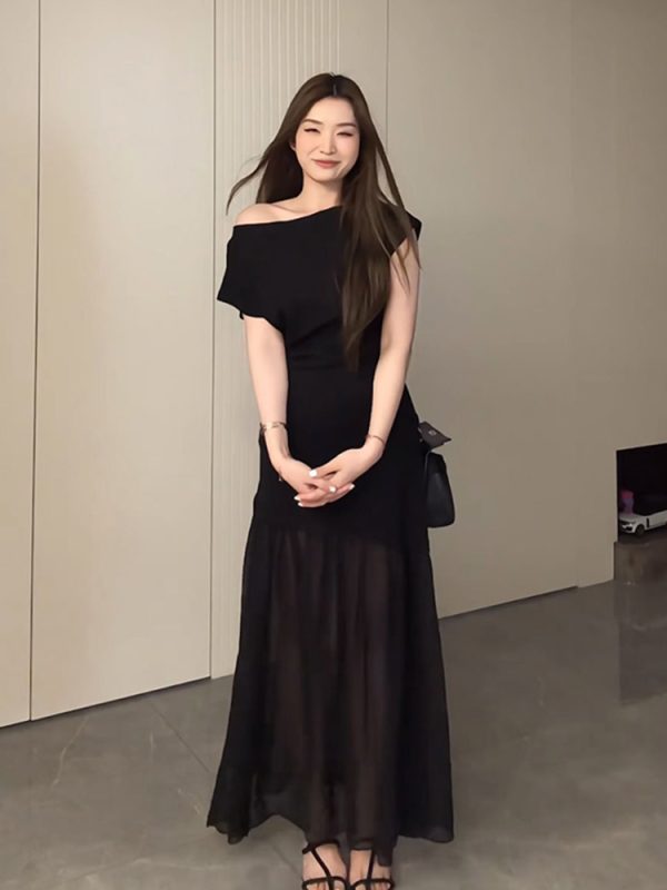 Plus-Size Flattering Off-Shoulder Summer Dress, Long Patchwork Little Black Dress for Women, Trendy and Fashionable Design