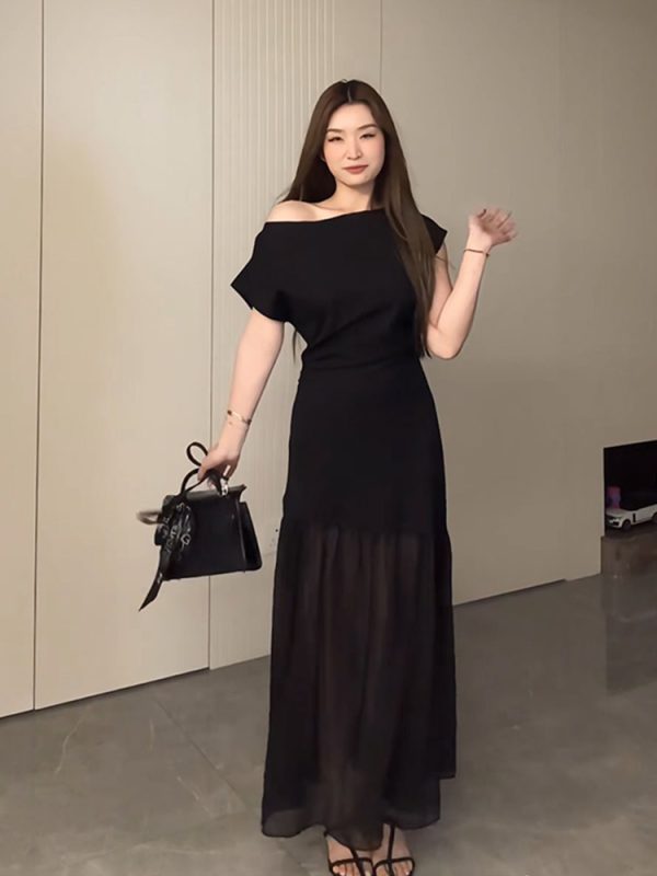 Plus-Size Flattering Off-Shoulder Summer Dress, Long Patchwork Little Black Dress for Women, Trendy and Fashionable Design