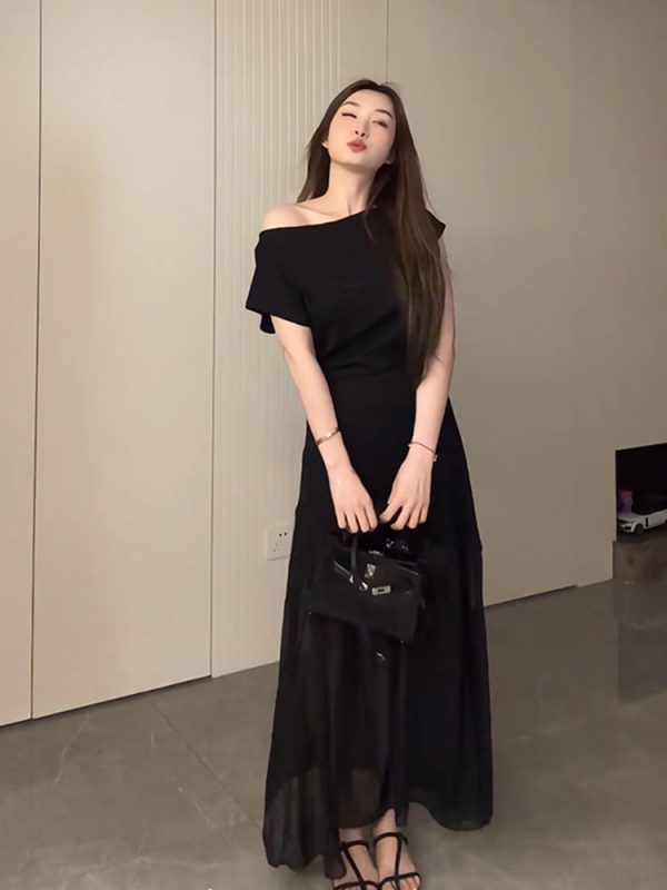 Plus-Size Flattering Off-Shoulder Summer Dress, Long Patchwork Little Black Dress for Women, Trendy and Fashionable Design