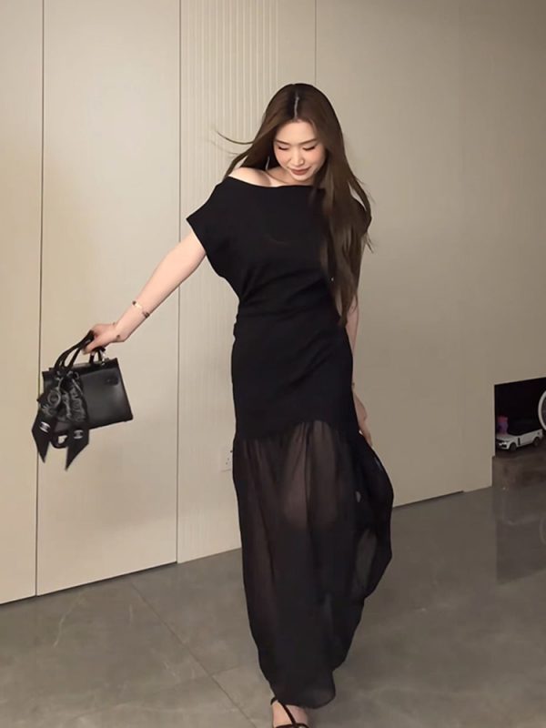 Plus-Size Flattering Off-Shoulder Summer Dress, Long Patchwork Little Black Dress for Women, Trendy and Fashionable Design