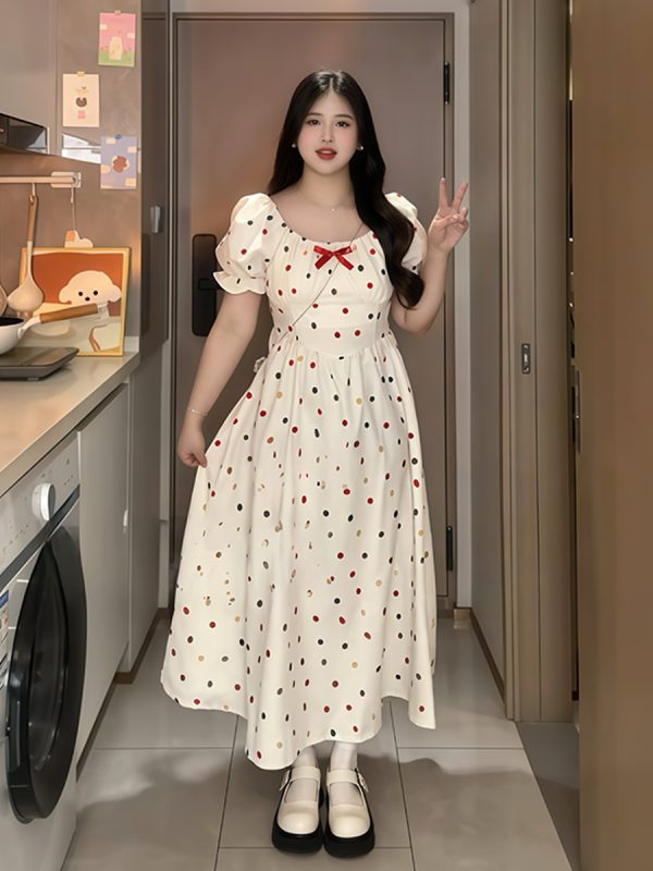 Plus-Size French-Style Polka Dot Bowknot Dress - Summer Slimming Puff Skirt for Flattering Fit, Gentle Sweet Look