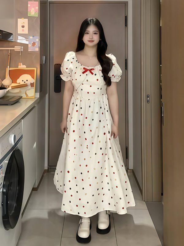 Plus-Size French-Style Polka Dot Bowknot Dress - Summer Slimming Puff Skirt for Flattering Fit, Gentle Sweet Look