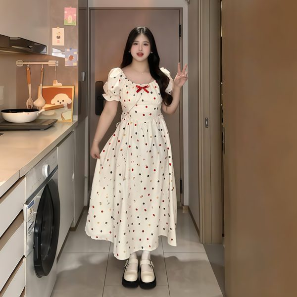 Plus-Size French-Style Polka Dot Bowknot Dress - Summer Slimming Puff Skirt for Flattering Fit, Gentle Sweet Look
