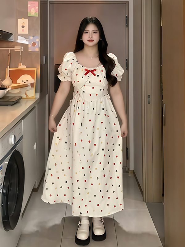 Plus-Size French-Style Polka Dot Bowknot Dress - Summer Slimming Puff Skirt for Flattering Fit, Gentle Sweet Look