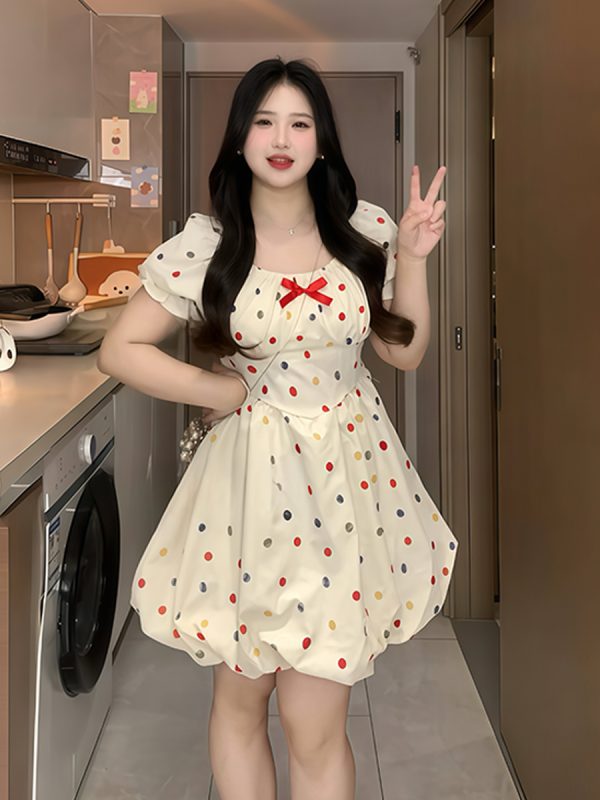 Plus-Size French-Style Polka Dot Bowknot Dress - Summer Slimming Puff Skirt for Flattering Fit, Gentle Sweet Look