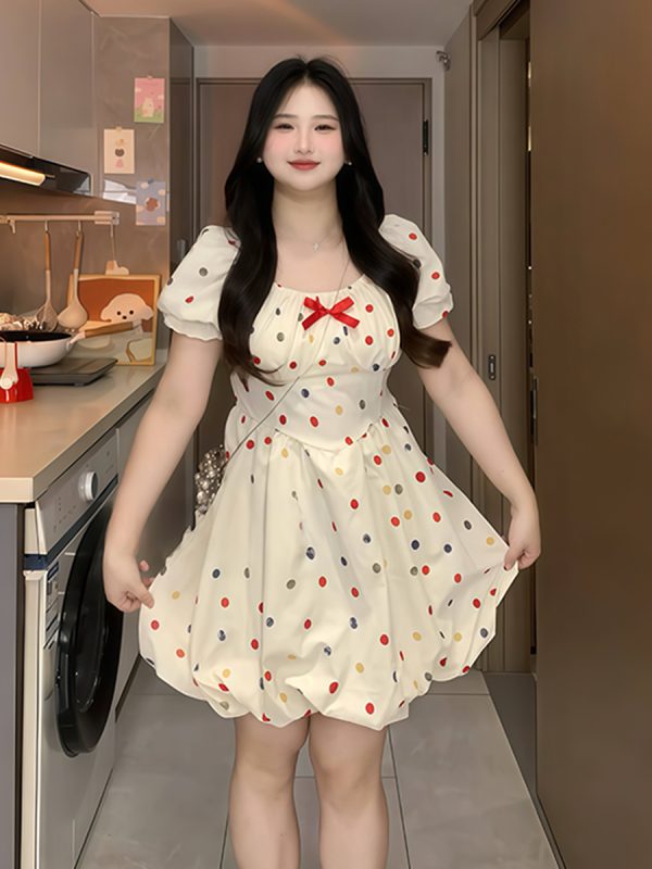Plus-Size French-Style Polka Dot Bowknot Dress - Summer Slimming Puff Skirt for Flattering Fit, Gentle Sweet Look