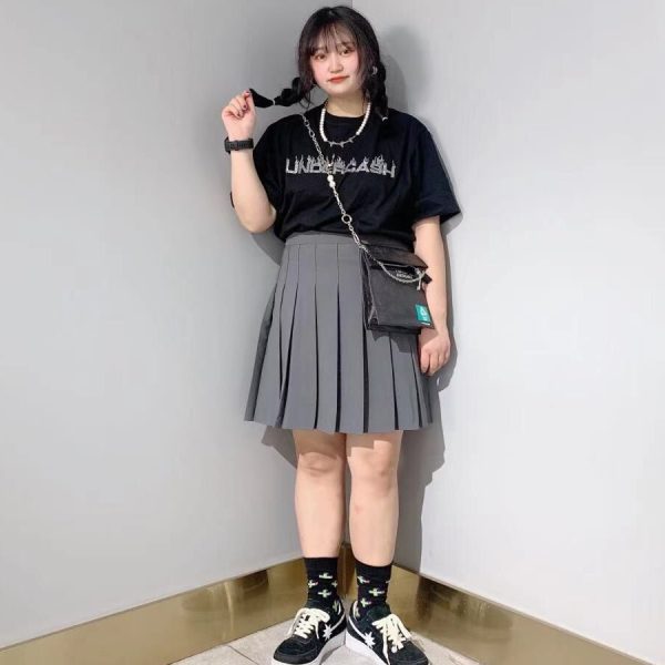 Plus Size Gray High-Waisted A-Line Pleated Skirt for Women - Slimming Short Solid Color Design with Sophisticated Style