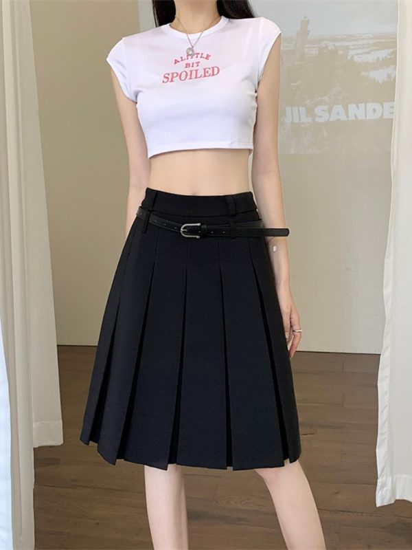 Plus-Size High-End White Pleated A-Line Skirt for Women - Summer College Style Mid-Length Hip-Covering Fashion