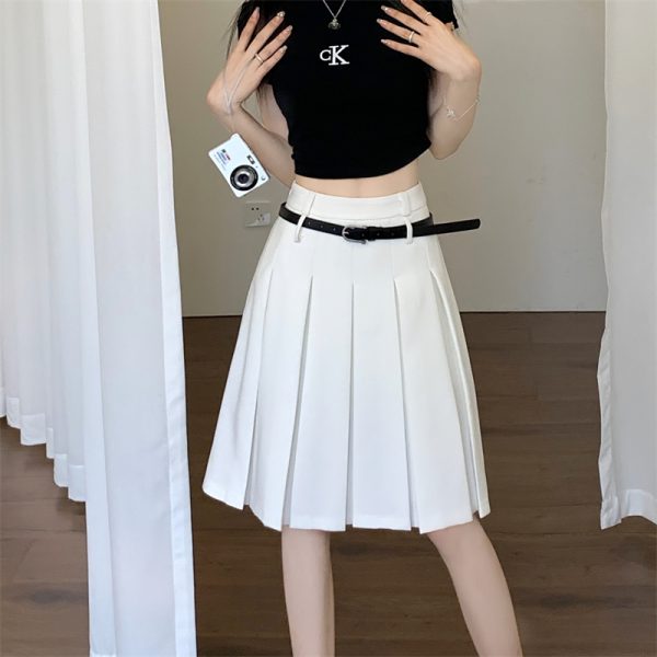 Plus-Size High-End White Pleated A-Line Skirt for Women - Summer College Style Mid-Length Hip-Covering Fashion