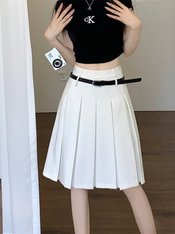 Plus-Size High-End White Pleated A-Line Skirt for Women - Summer College Style Mid-Length Hip-Covering Fashion