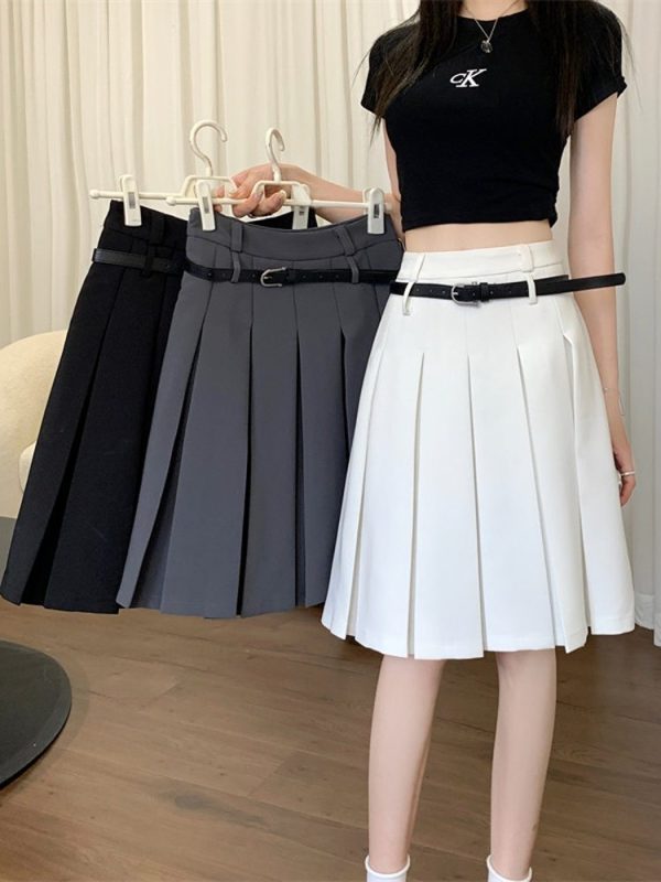 Plus-Size High-End White Pleated A-Line Skirt for Women - Summer College Style Mid-Length Hip-Covering Fashion