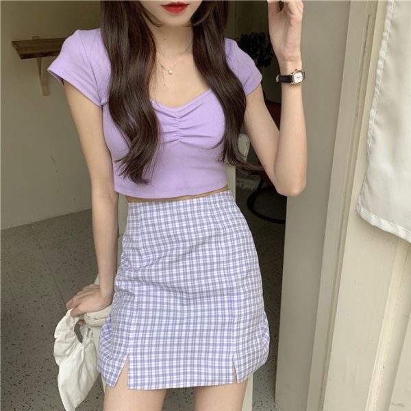 Plus-Size High-Waisted A-Line Plaid Mini Skirt - College Style Slimming Bodycon Skirt for Women