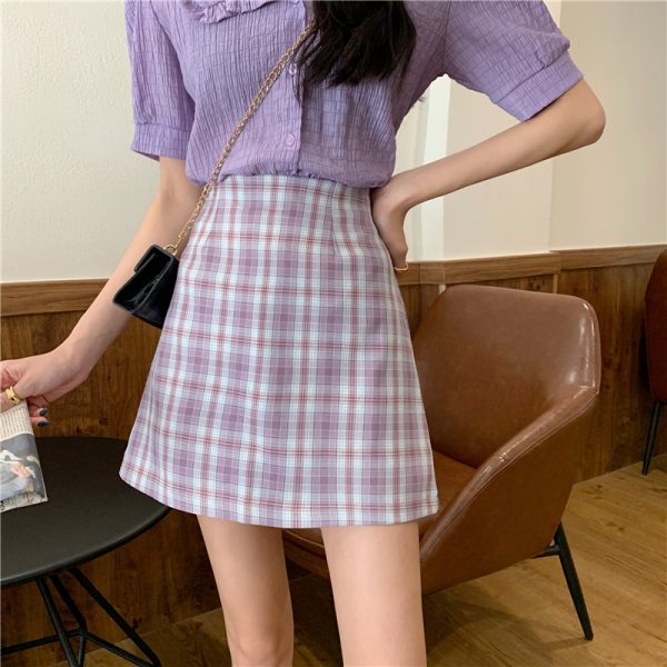 Plus-Size High-Waisted A-Line Plaid Mini Skirt - College Style Slimming Bodycon Skirt for Women