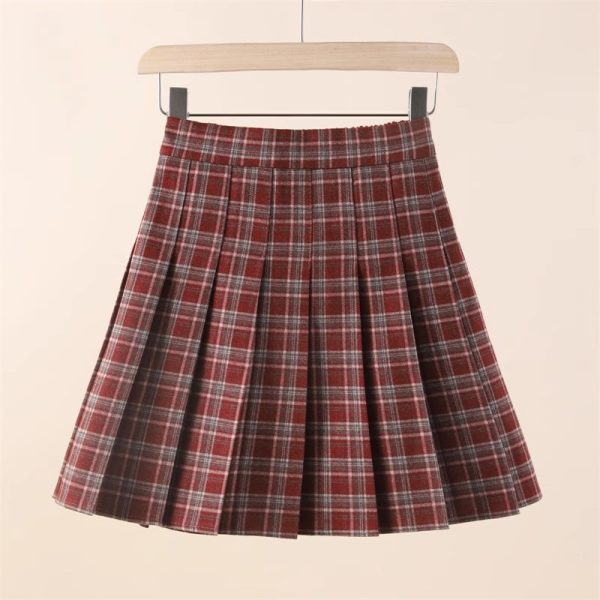 Plus Size High-Waisted A-Line Plaid Wool Pleated Skirt for Autumn Winter - Flattering Short Skirt for Curvy Women and Students