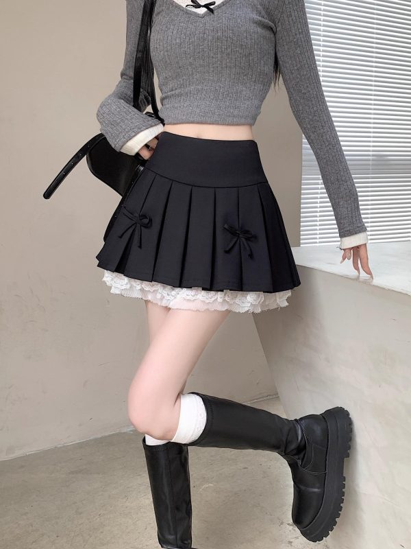 Plus Size High-Waisted A-Line Puff Skirt with Lace Trim and Bow, Gray Summer Design, Pleated Short Skirt for Women