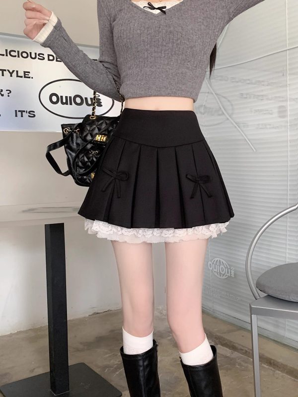 Plus Size High-Waisted A-Line Puff Skirt with Lace Trim and Bow, Gray Summer Design, Pleated Short Skirt for Women