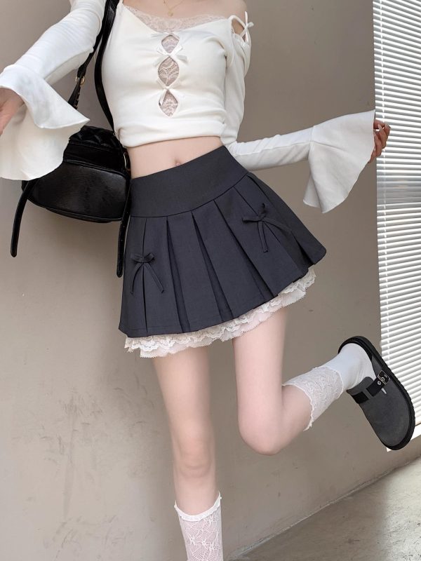 Plus Size High-Waisted A-Line Puff Skirt with Lace Trim and Bow, Gray Summer Design, Pleated Short Skirt for Women
