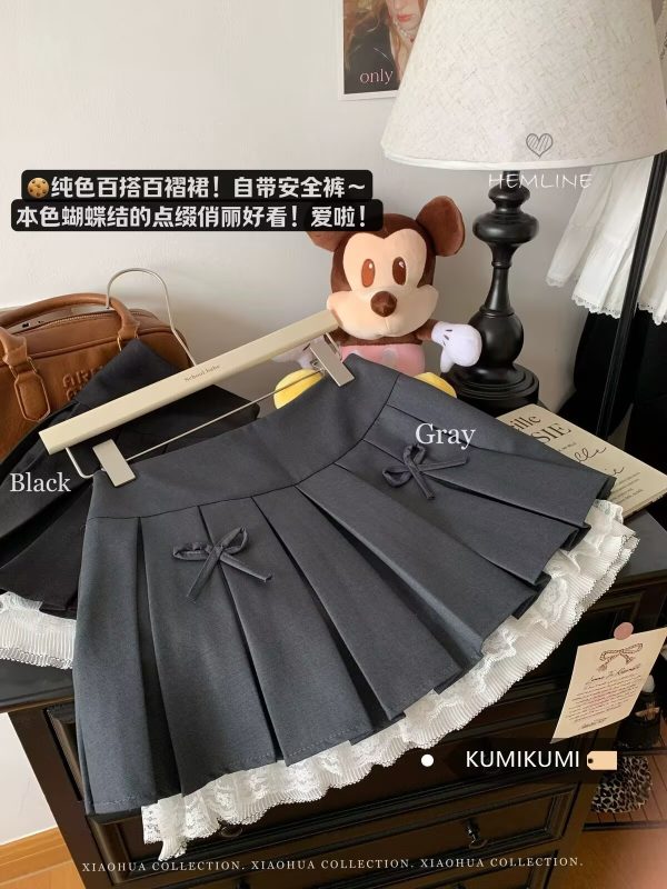 Plus Size High-Waisted A-Line Puff Skirt with Lace Trim and Bow, Gray Summer Design, Pleated Short Skirt for Women