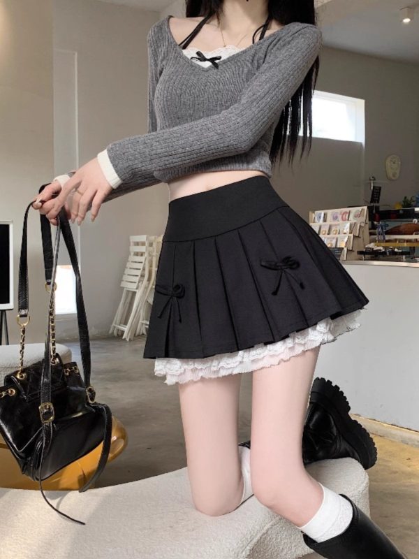 Plus Size High-Waisted A-Line Puff Skirt with Lace Trim and Bow, Gray Summer Design, Pleated Short Skirt for Women