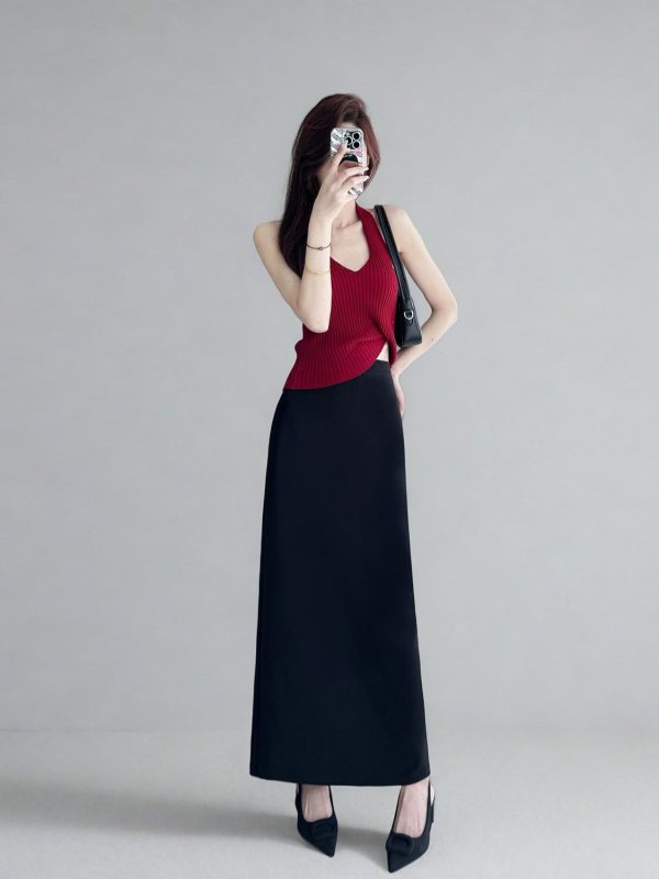 Plus Size High-Waisted Black Back-Slit Skirt, Ultra-Long H-Shaped Straight Tube, Slim Fit Ankle-Length Fashion