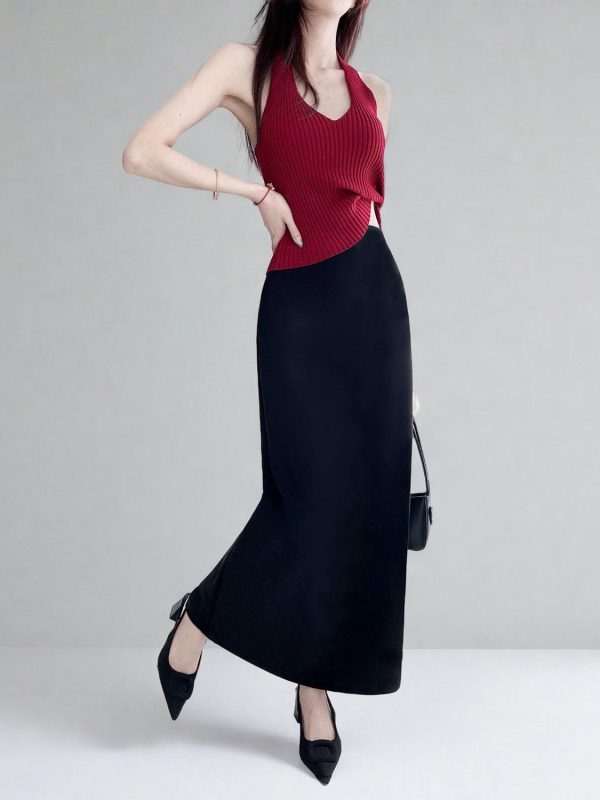 Plus Size High-Waisted Black Back-Slit Skirt, Ultra-Long H-Shaped Straight Tube, Slim Fit Ankle-Length Fashion