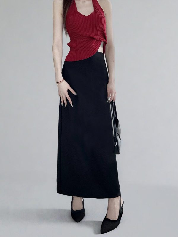 Plus Size High-Waisted Black Back-Slit Skirt, Ultra-Long H-Shaped Straight Tube, Slim Fit Ankle-Length Fashion