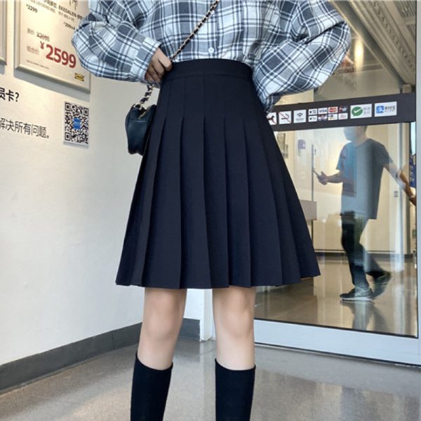 Plus Size High-Waisted Blue Pleated A-Line Skirt for Women - 2024 Mid-Length College Style Fashion