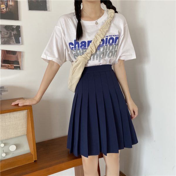 Plus Size High-Waisted Blue Pleated A-Line Skirt for Women - 2024 Mid-Length College Style Fashion