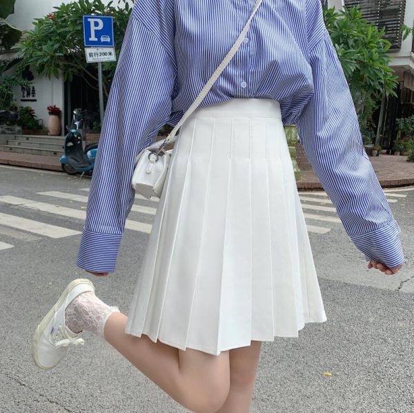 Plus Size High-Waisted Blue Pleated A-Line Skirt for Women - 2024 Mid-Length College Style Fashion