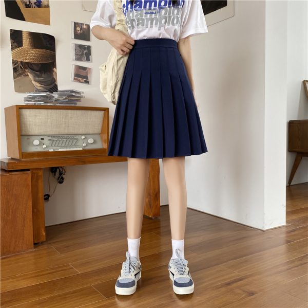 Plus Size High-Waisted Blue Pleated A-Line Skirt for Women - 2024 Mid-Length College Style Fashion