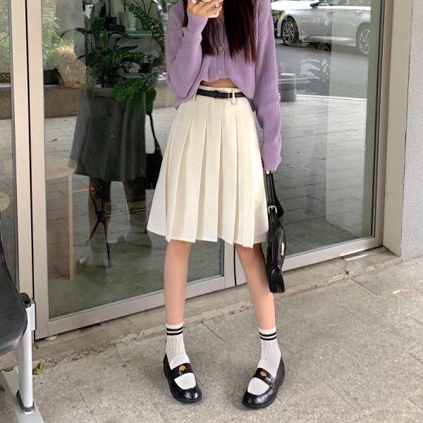Plus Size High-Waisted Gray Pleated Midi Skirt for Women, Slimming A-Line Design, College Style Puff Skirt